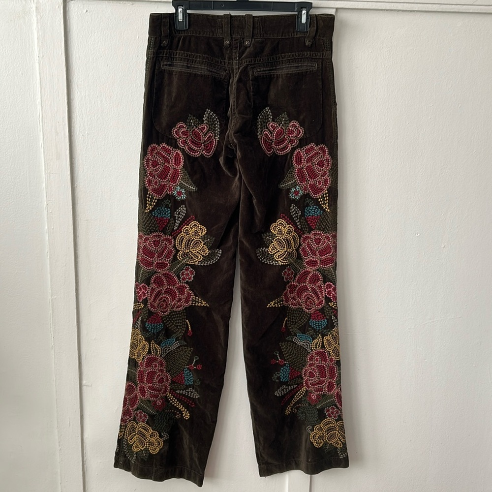 Johnny Was Biya 2-10-10-5 Boho Green Velvet Flare Pants with Floral embroidery S